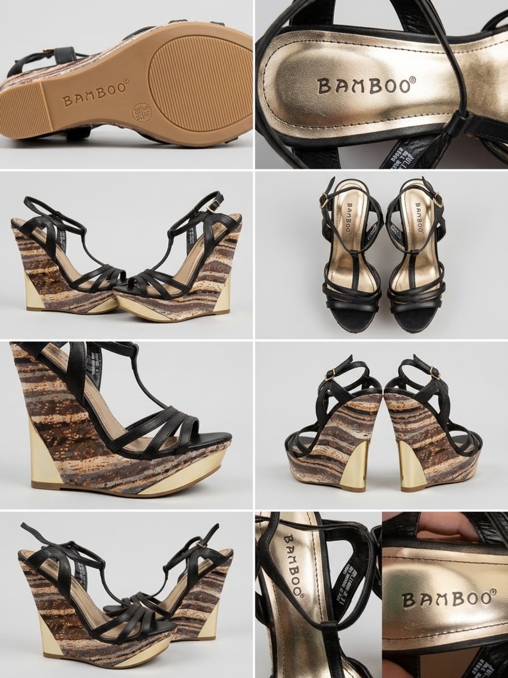 Bamboo Black T-Strap Printed Platform Wedges Gold Heel Detail - US  SIZE 5.5